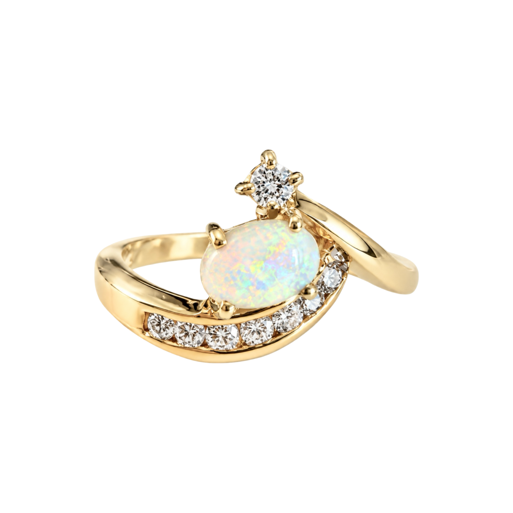 14K Yellow Gold Opal & Diamond Abstract Ring
