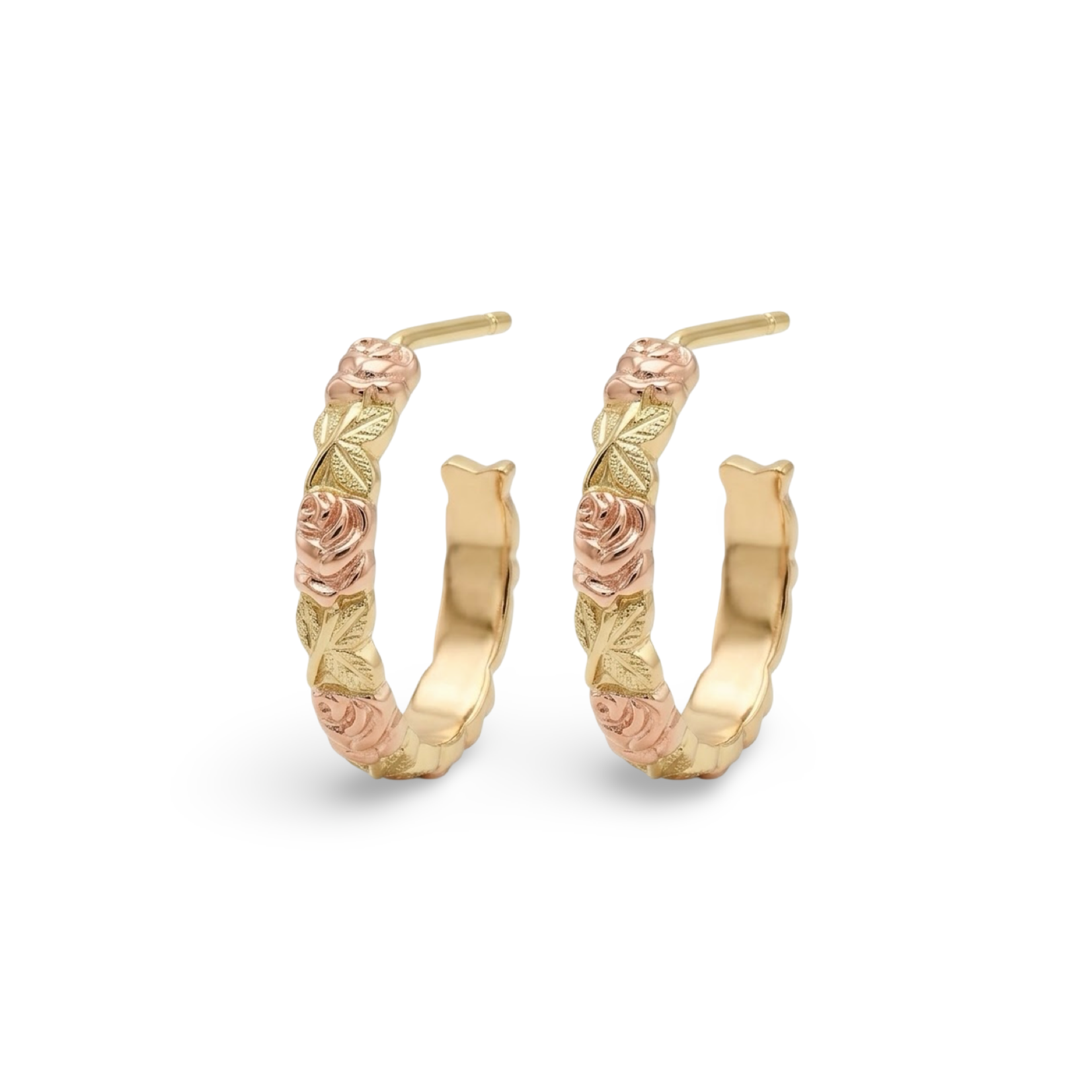 14K Rose & Yellow Gold Carved Floral Rose Hoops