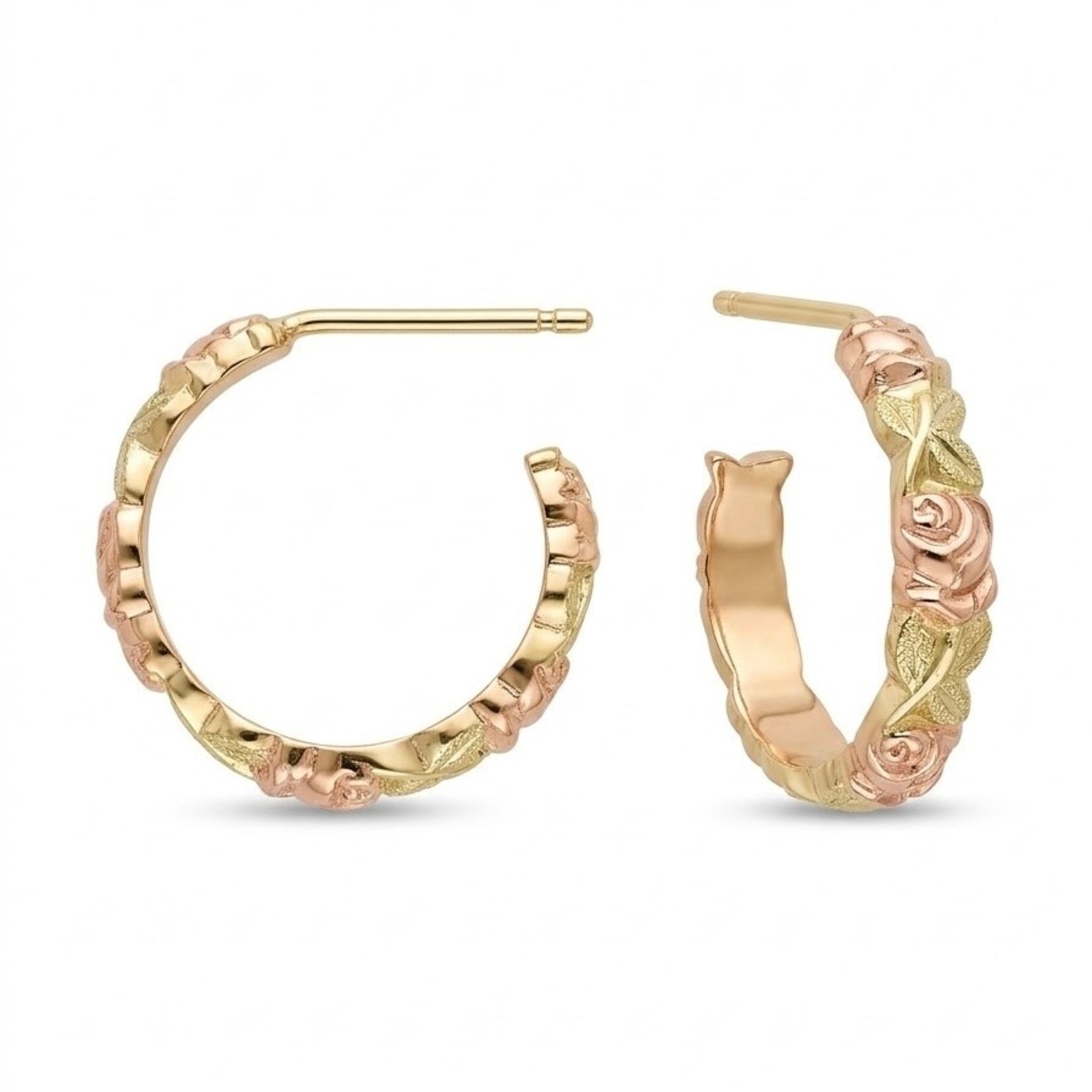 14K Rose & Yellow Gold Carved Floral Rose Hoops