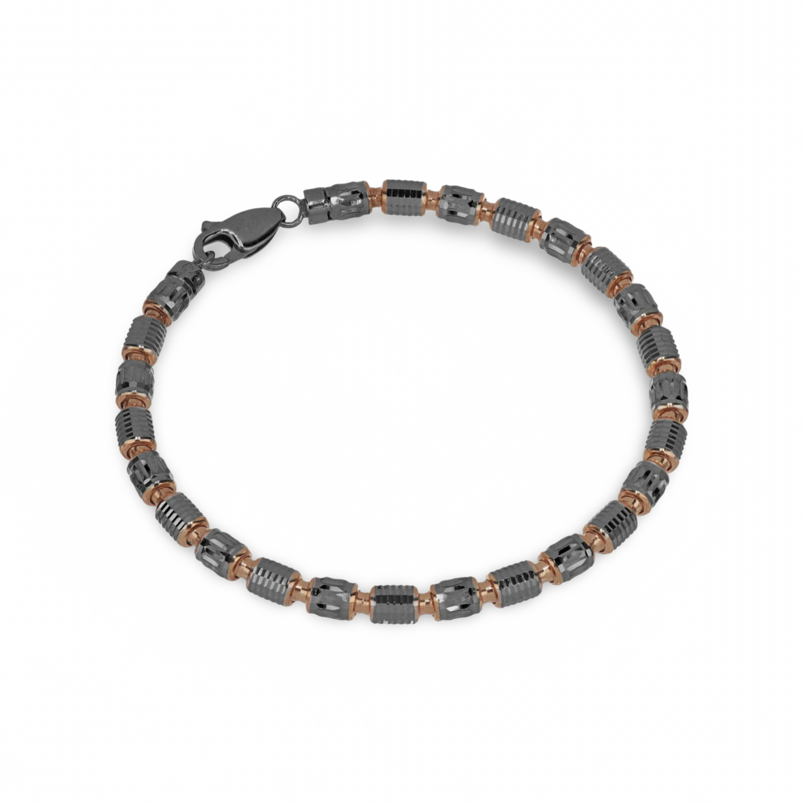 Sterling Silver & 18K Rose Gold Overlay & Gunmetal Barrel Pioneer Link Bracelet