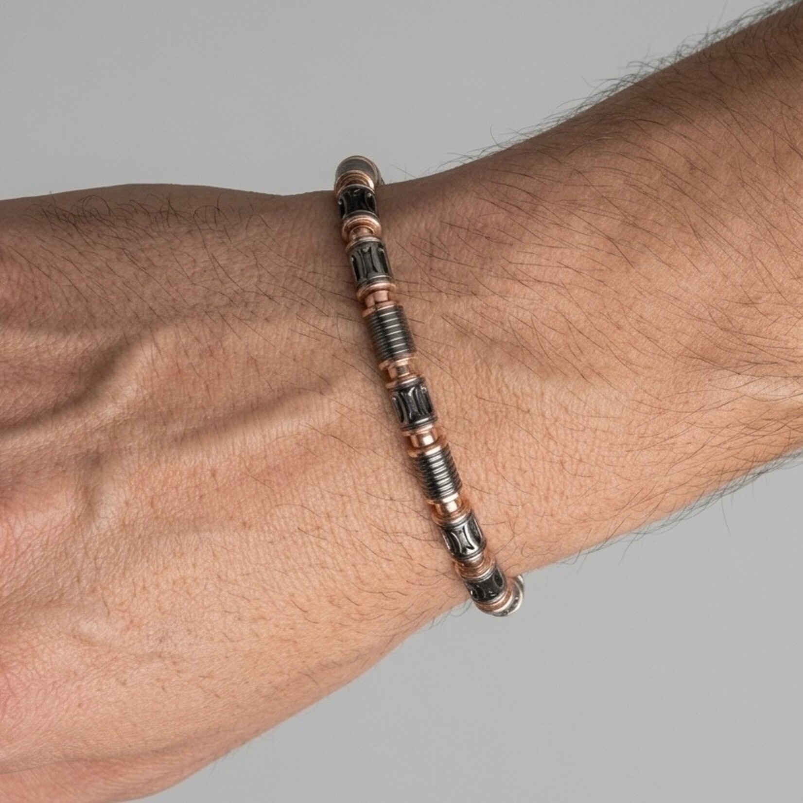 Sterling Silver & 18K Rose Gold Overlay & Gunmetal Barrel Pioneer Link Bracelet