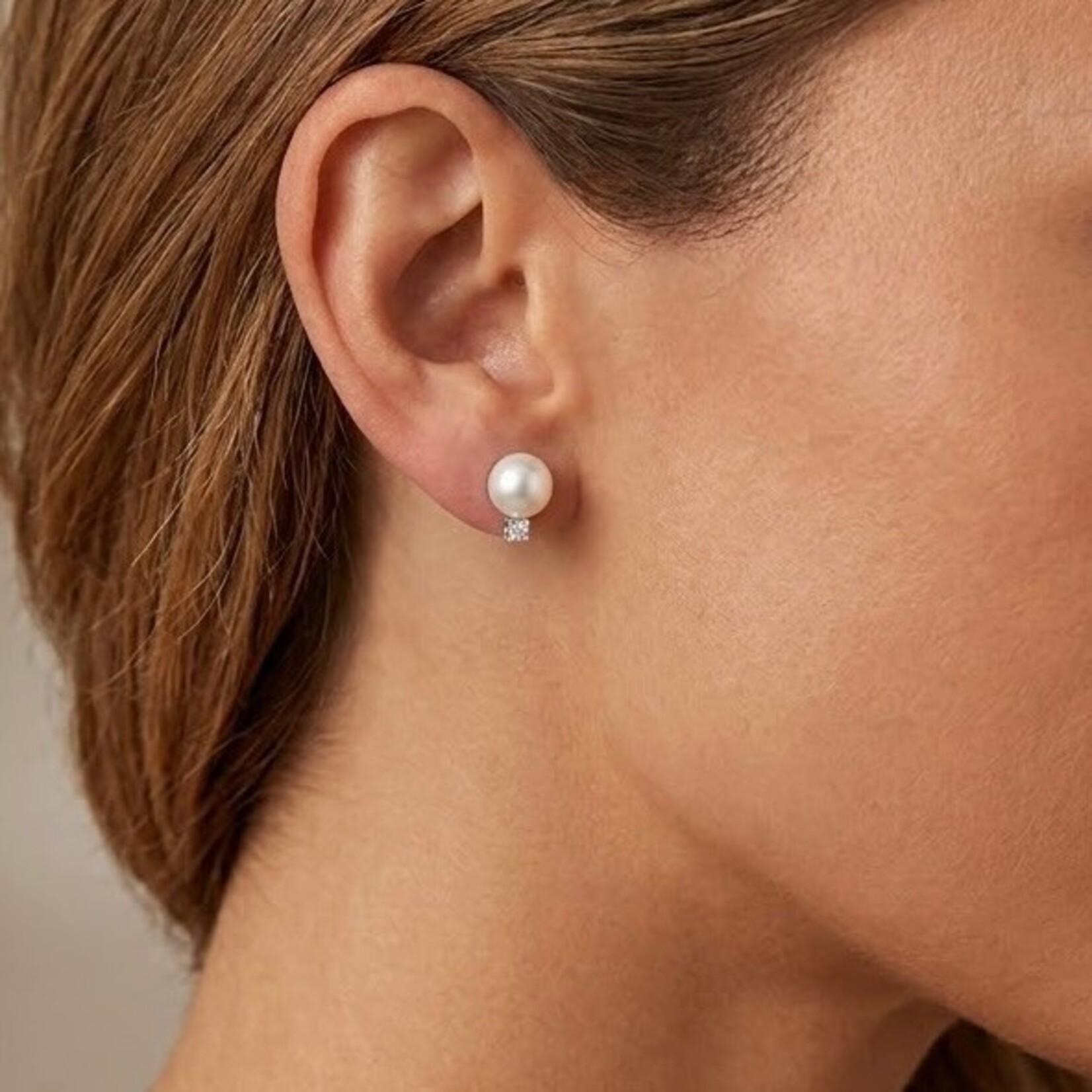 14K White Gold Akoya Cultured Pearl & Diamond Stud Earrings