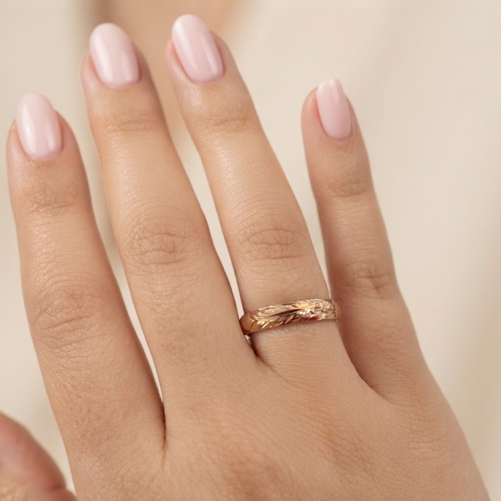 14K Rose Floral Hand Engraved Band