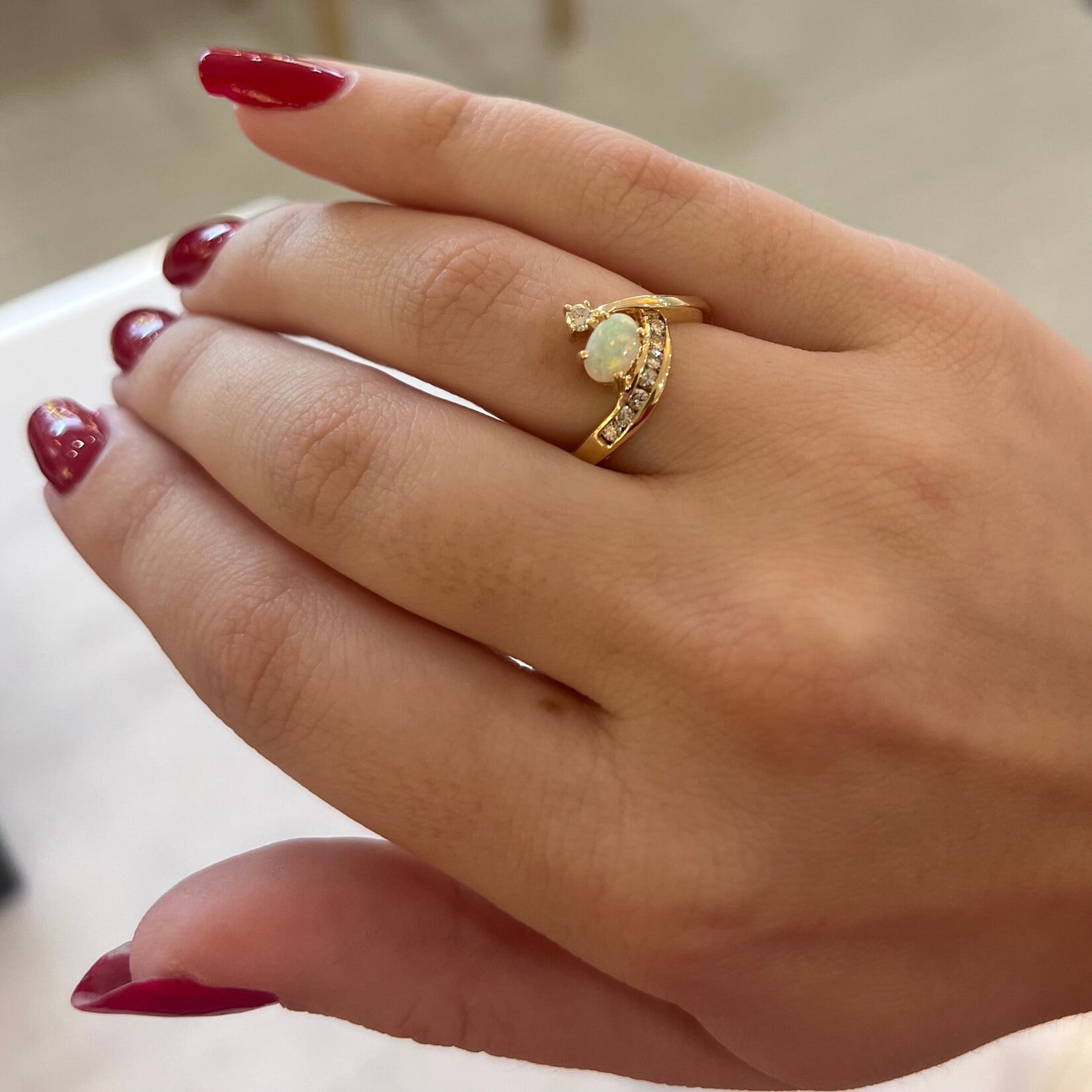 14K Yellow Gold Opal & Diamond Abstract Ring