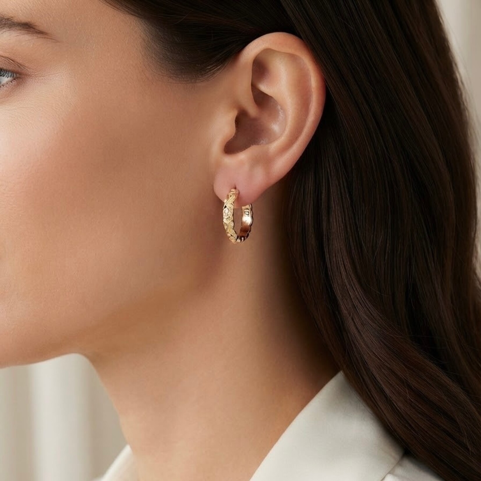 14K Rose & Yellow Gold Carved Floral Rose Hoops
