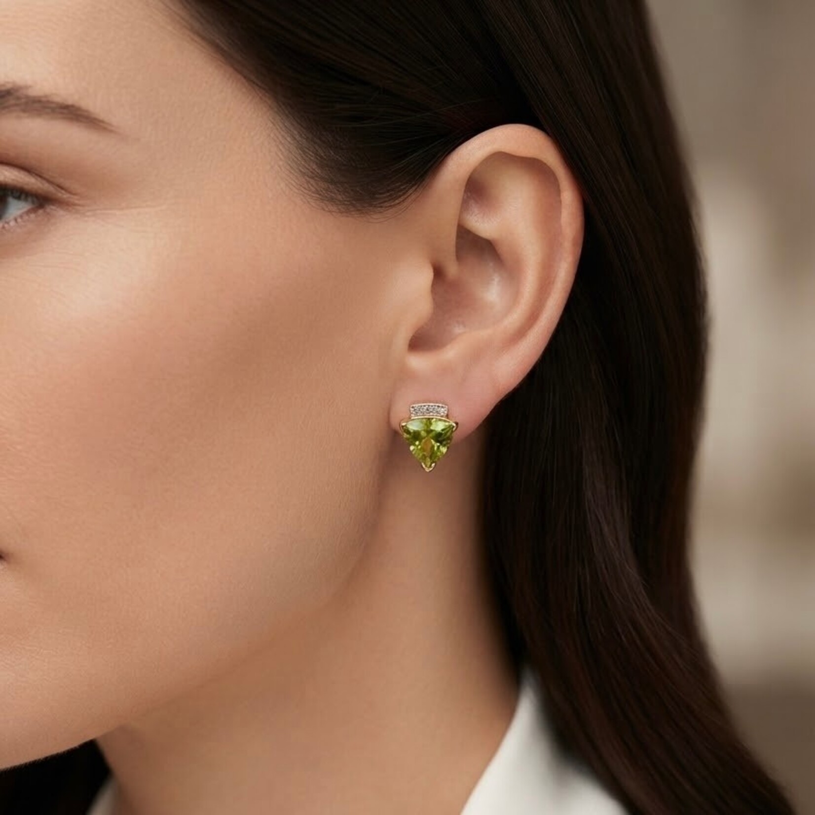 14K Yellow Gold Trilliant Peridot & Diamond Stud Earrings