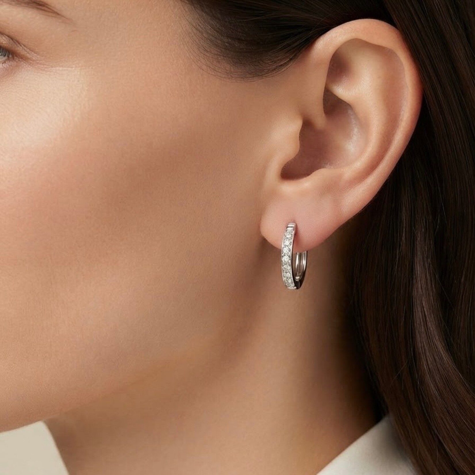 14K White Gold Medium Diamond Hoops