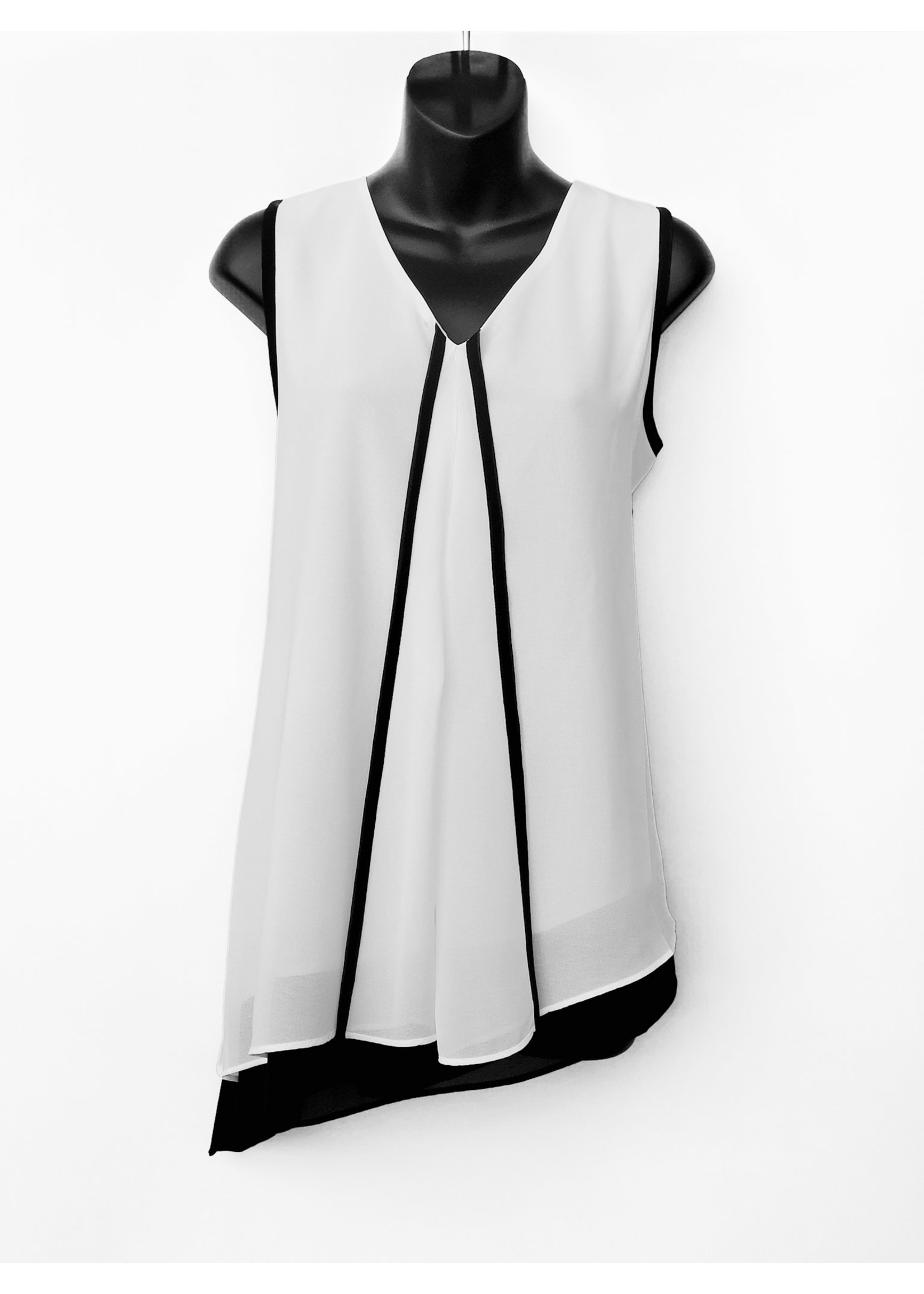 Sleeveless V-neck Blouse with Black Piping
