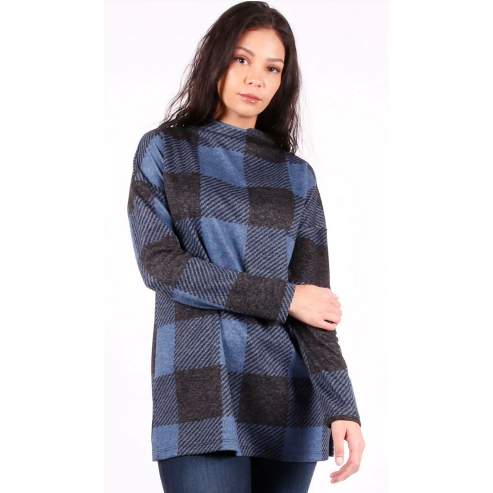 Isca Raised neck long sleeveplaid top with side slits