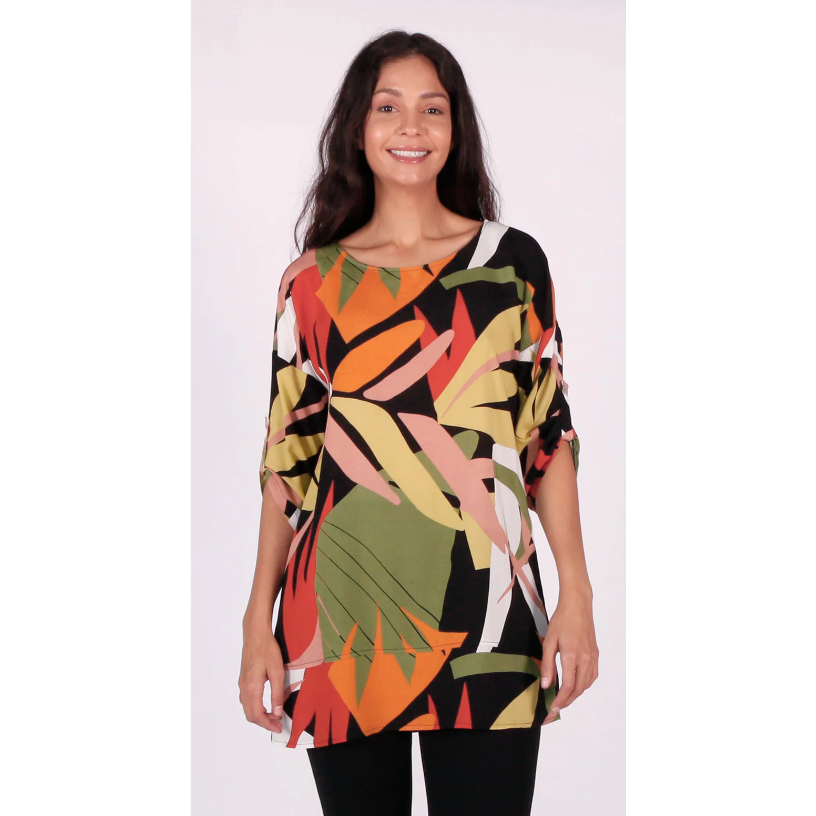 Isca Round neck printed tunic with roll up self tab button sleeve