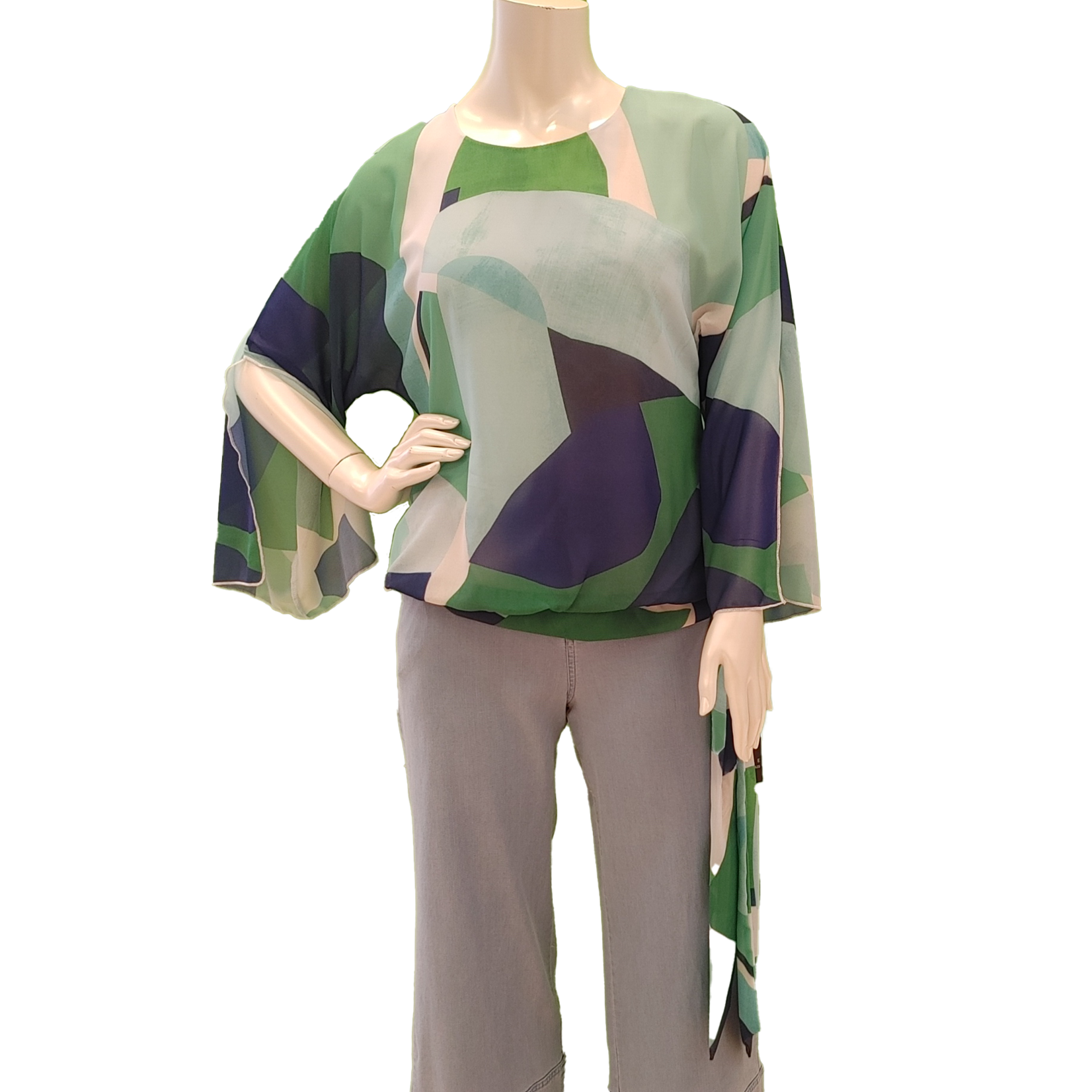 3/4 sleeve print blouse with tie bottom,  blouses, shirt, top