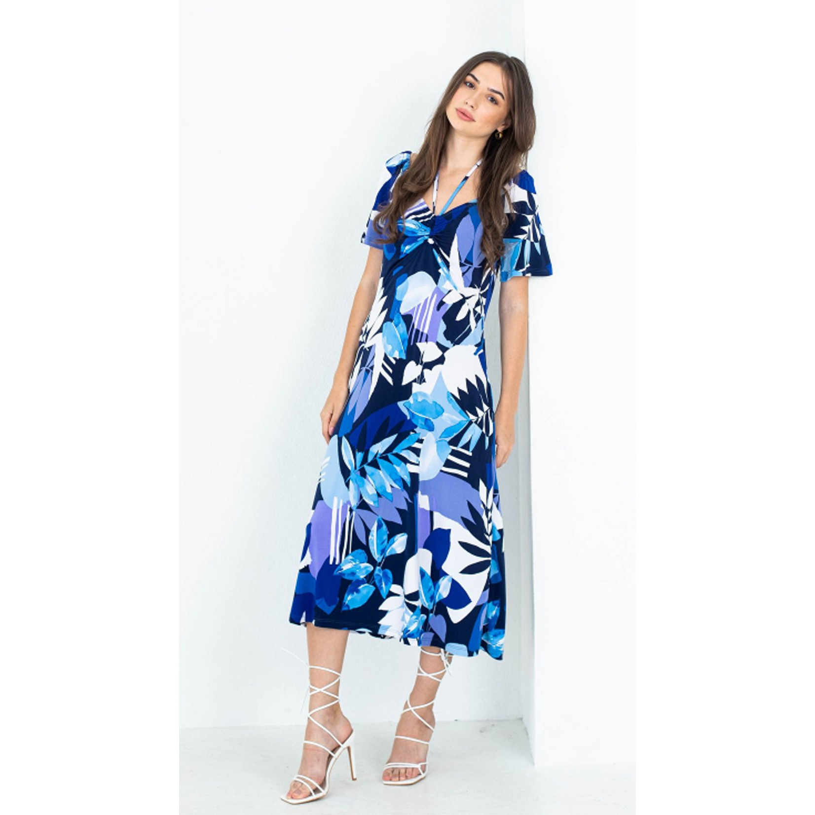 Short sleeve print dress with rouching and tie front