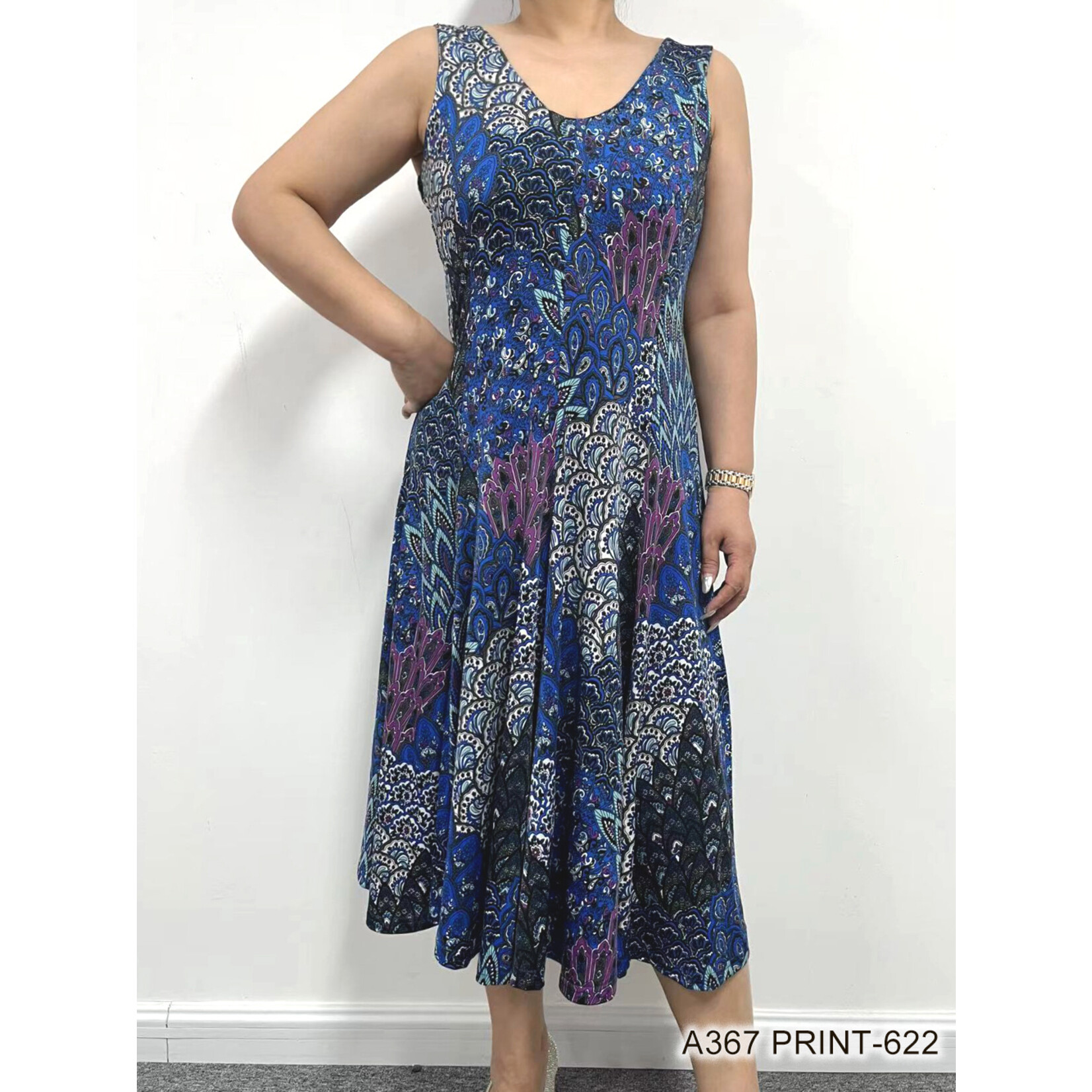 Creations printed sleeveless dress with pleats, multiple prints available
