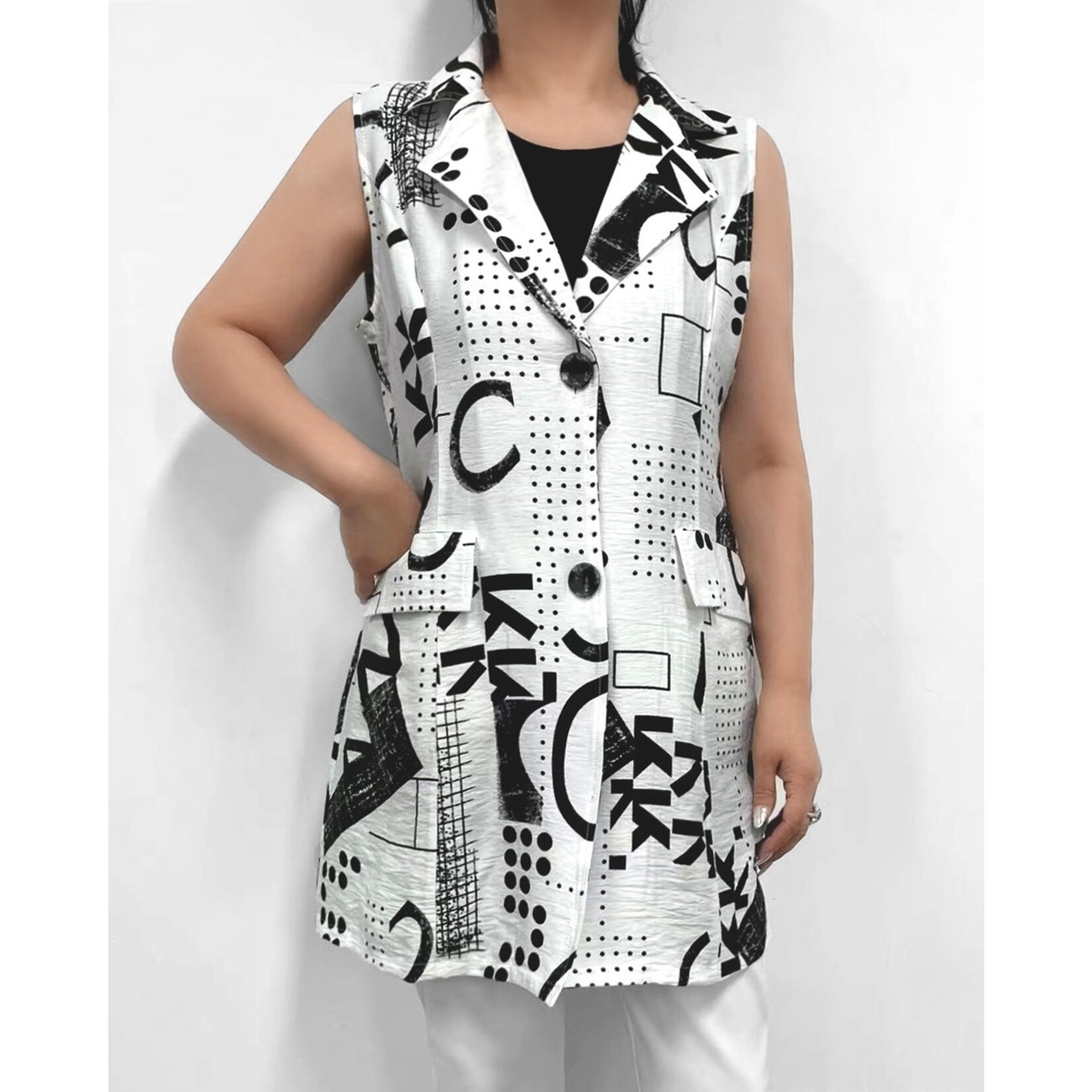 Creations printed long button top vest with front pockets, tops, vests