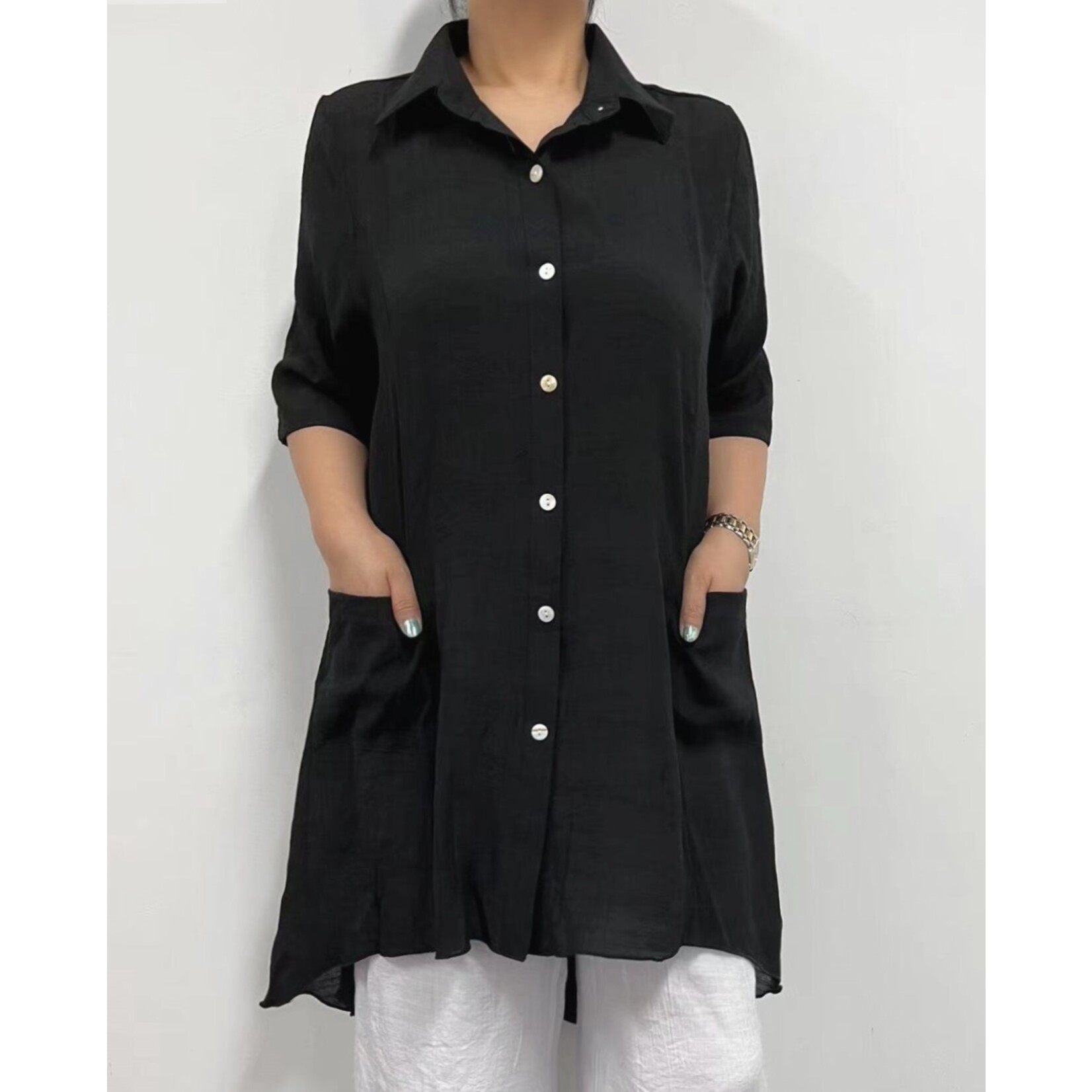 Creations short sleeve long button blouse cover up with pockets