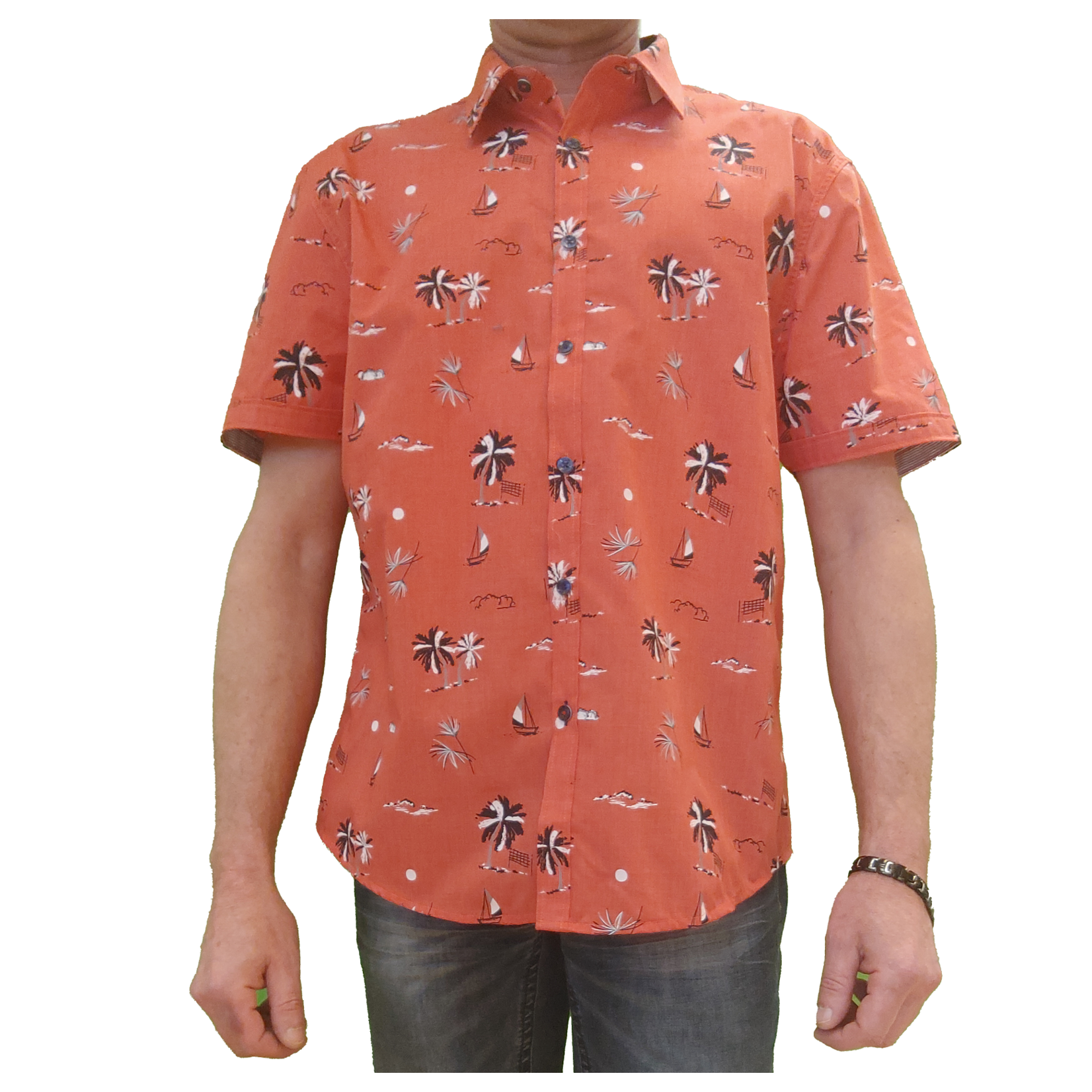 Point Zero Point Zero poly/cotton  palm tree/boat print button shirt, shirts, top, tops