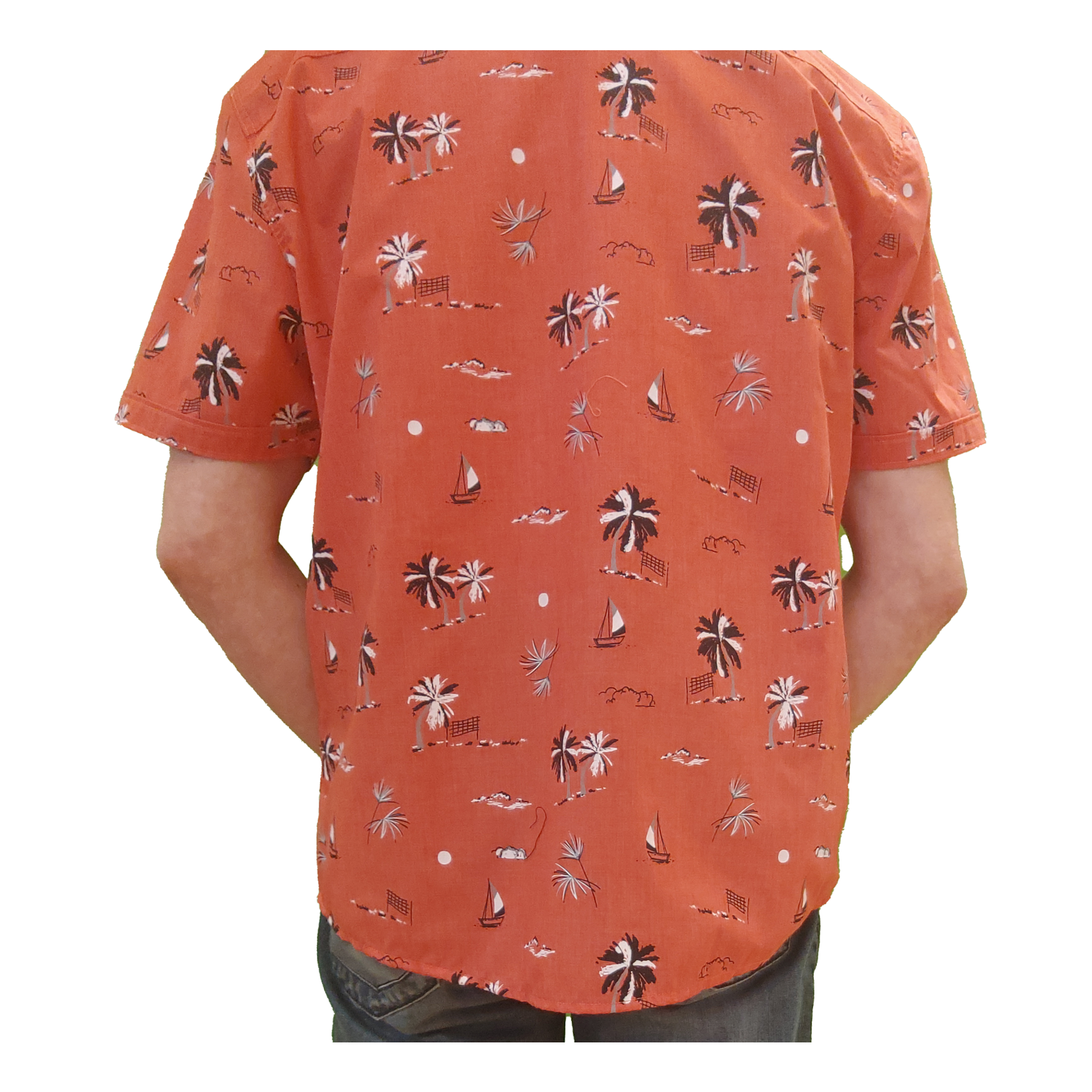 Point Zero Point Zero poly/cotton  palm tree/boat print button shirt, shirts, top, tops