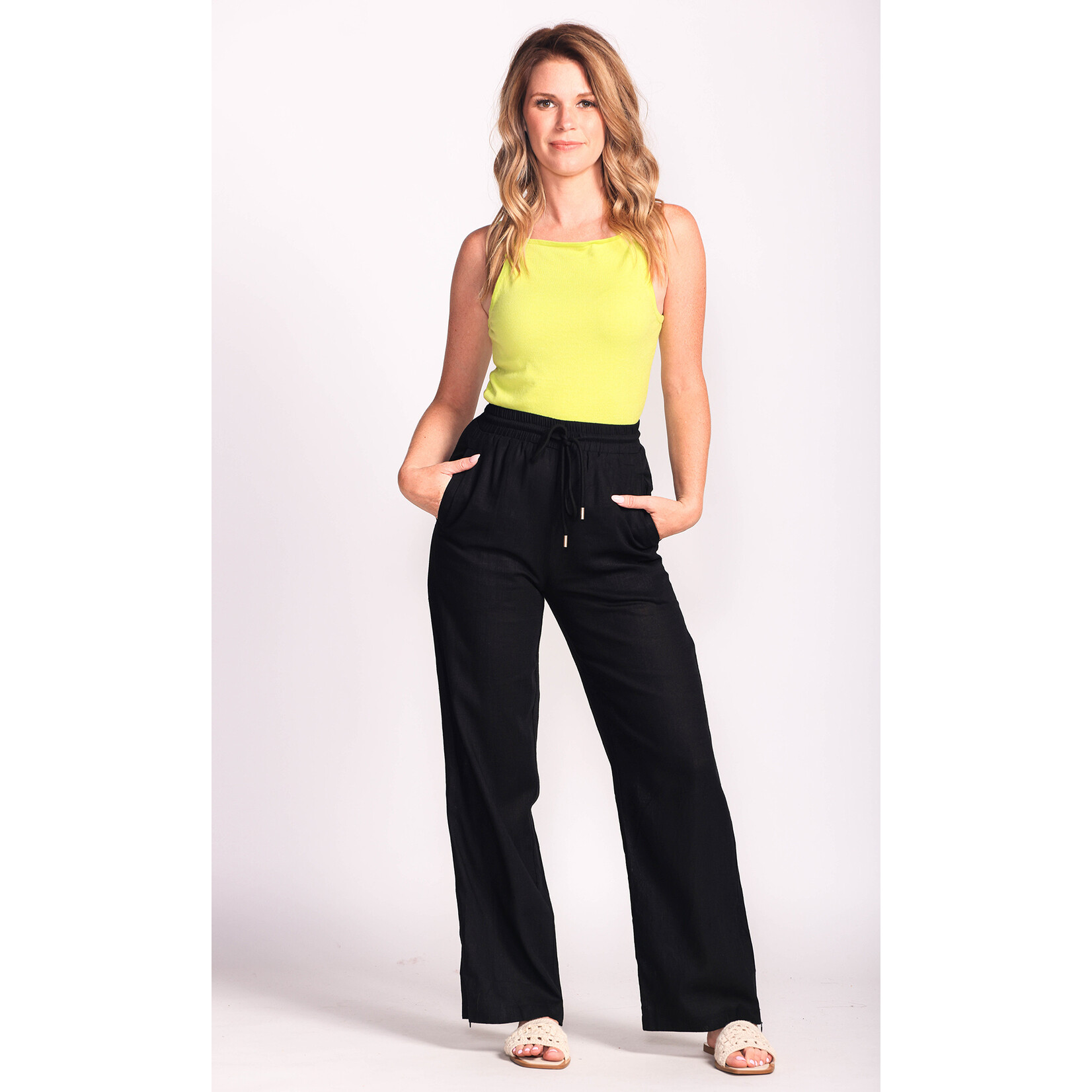 Pink Martini Pink Martini wide leg elastic waist pant with zipper slit at ankle