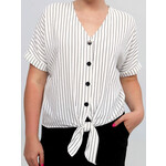 Short sleeve stripe v- neck button blouse with tie