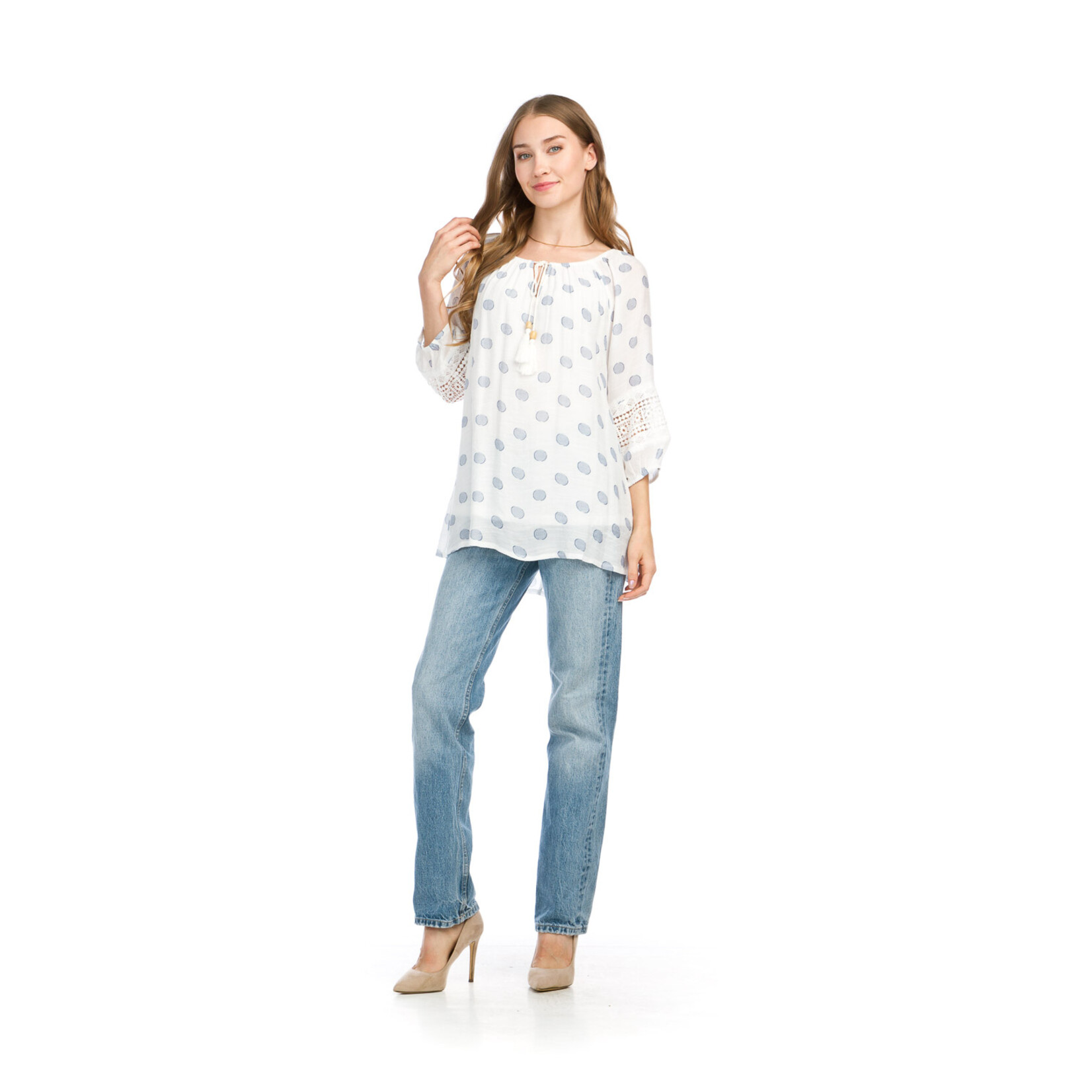 Papillon Papillon polka dot 3/4 sleeve blouse with lace detail,  blouses, shirt, top
