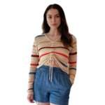 Point Zero Long sleeve  v-neck stripe pointelle sweater