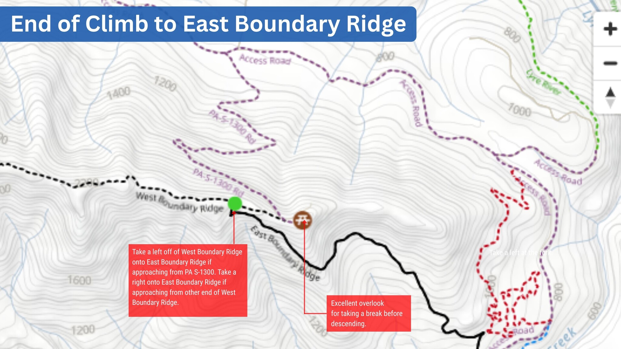 Map of end of climbing to East Boundary Ridge