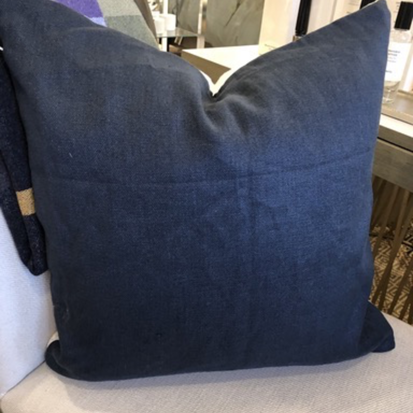 Navy Linen / White Chenille  Cushion 20x20 with Feather Filler