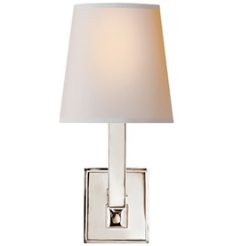 Visual Comfort Square tube single sconce in polished nickel with natural paper shade