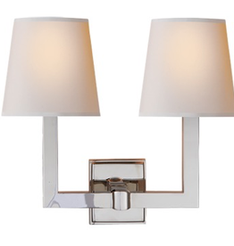 Visual Comfort Square Tube Double Sconce in Polished Nickel with Natural Paper Shades