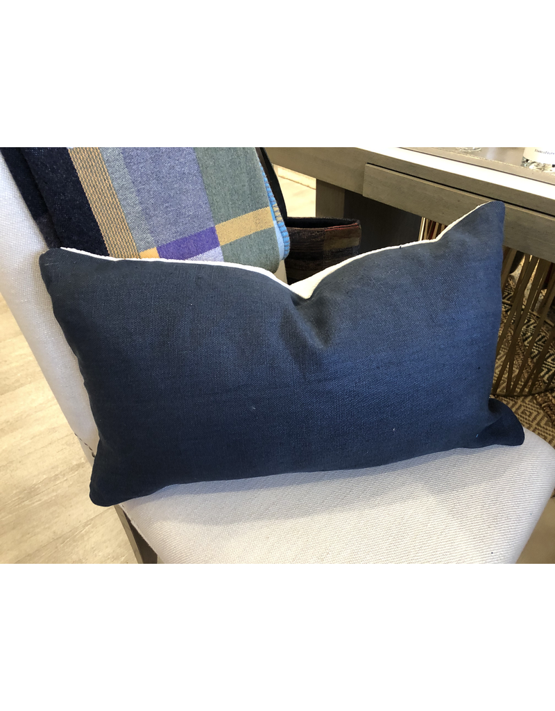Navy Linen / White Chenille  Lumbar Cushion 14 X 24 with Feather Filler