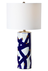 renwill Cobalt Table Lamp - Ceramic Blue, White, Gold Finish - Off-White Cotton Shade