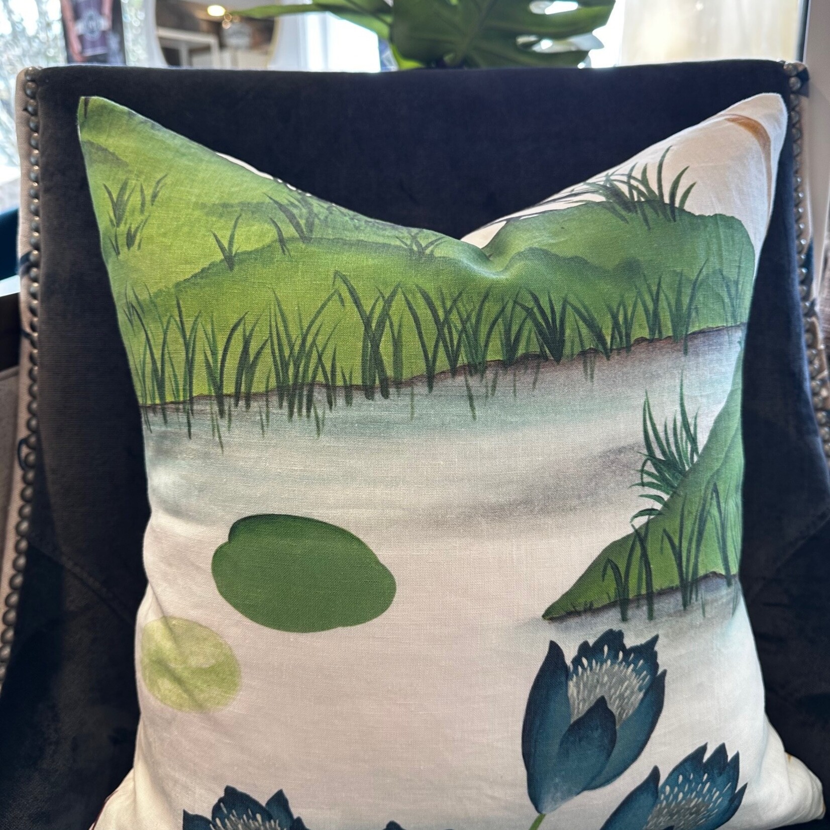 Heron Lagoon linen throw cushion with 18" x 18" feather filler