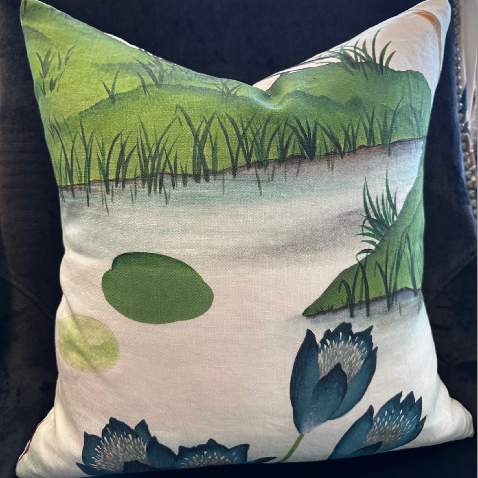 Heron Lagoon linen throw cushion with 18" x 18" feather filler