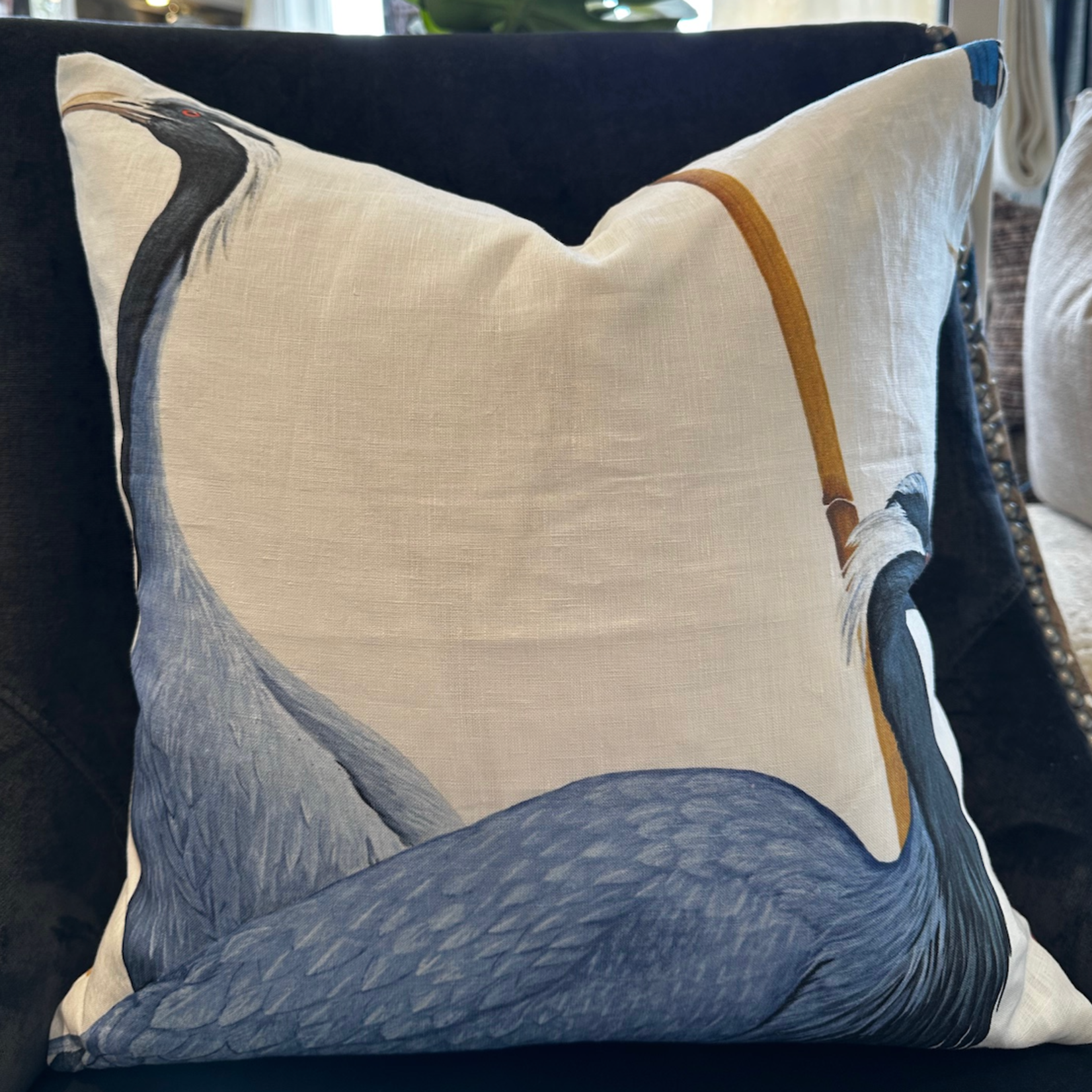 Heron Lagoon linen throw cushion with 18" x 18" feather filler