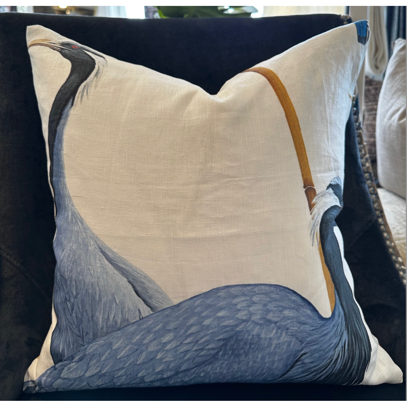 Heron Lagoon linen throw cushion with 18" x 18" feather filler