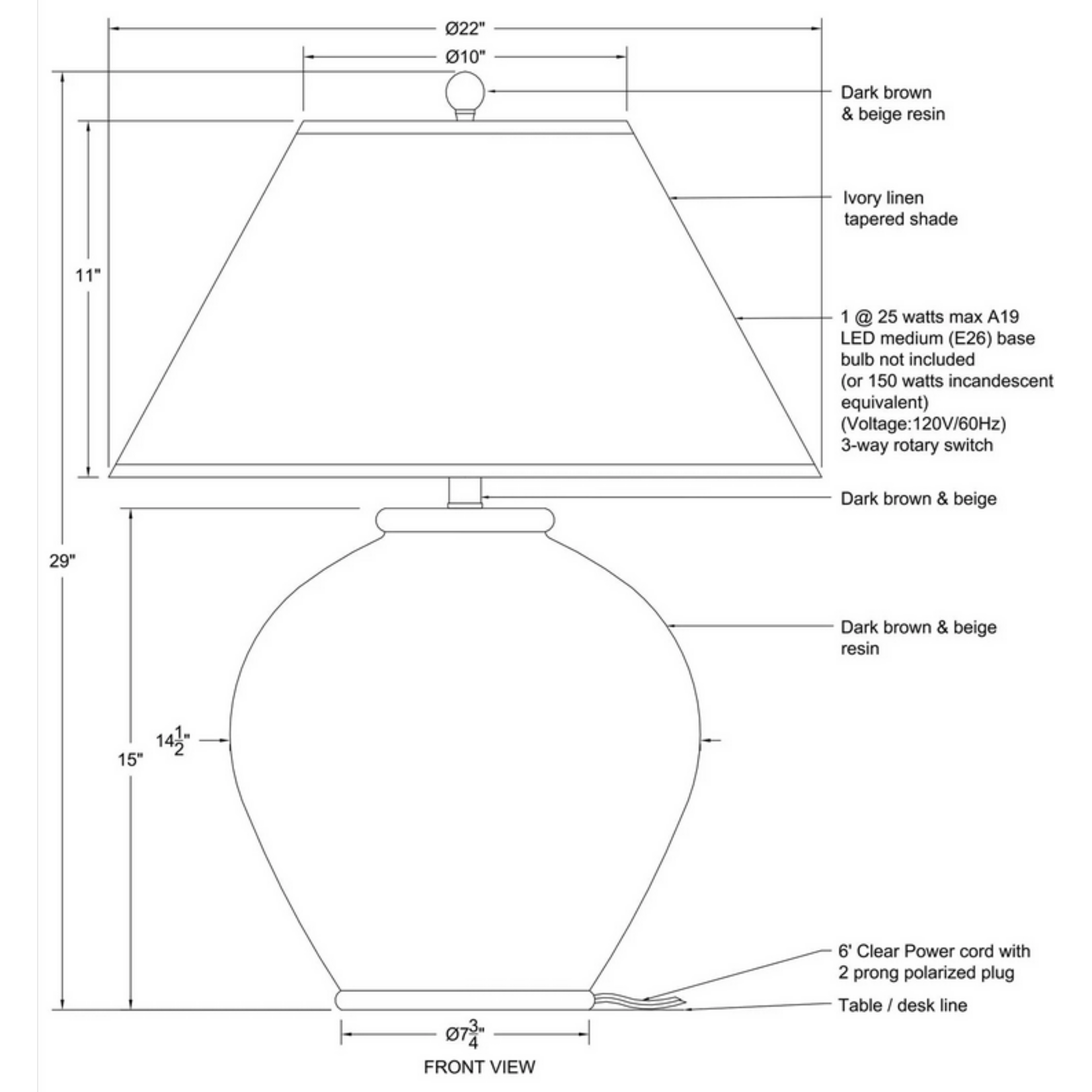 Bronce Table Lamp - Painted Dark Brown Wash Finish with Ivory Linen Shade 3-Way Switch Max. 150W