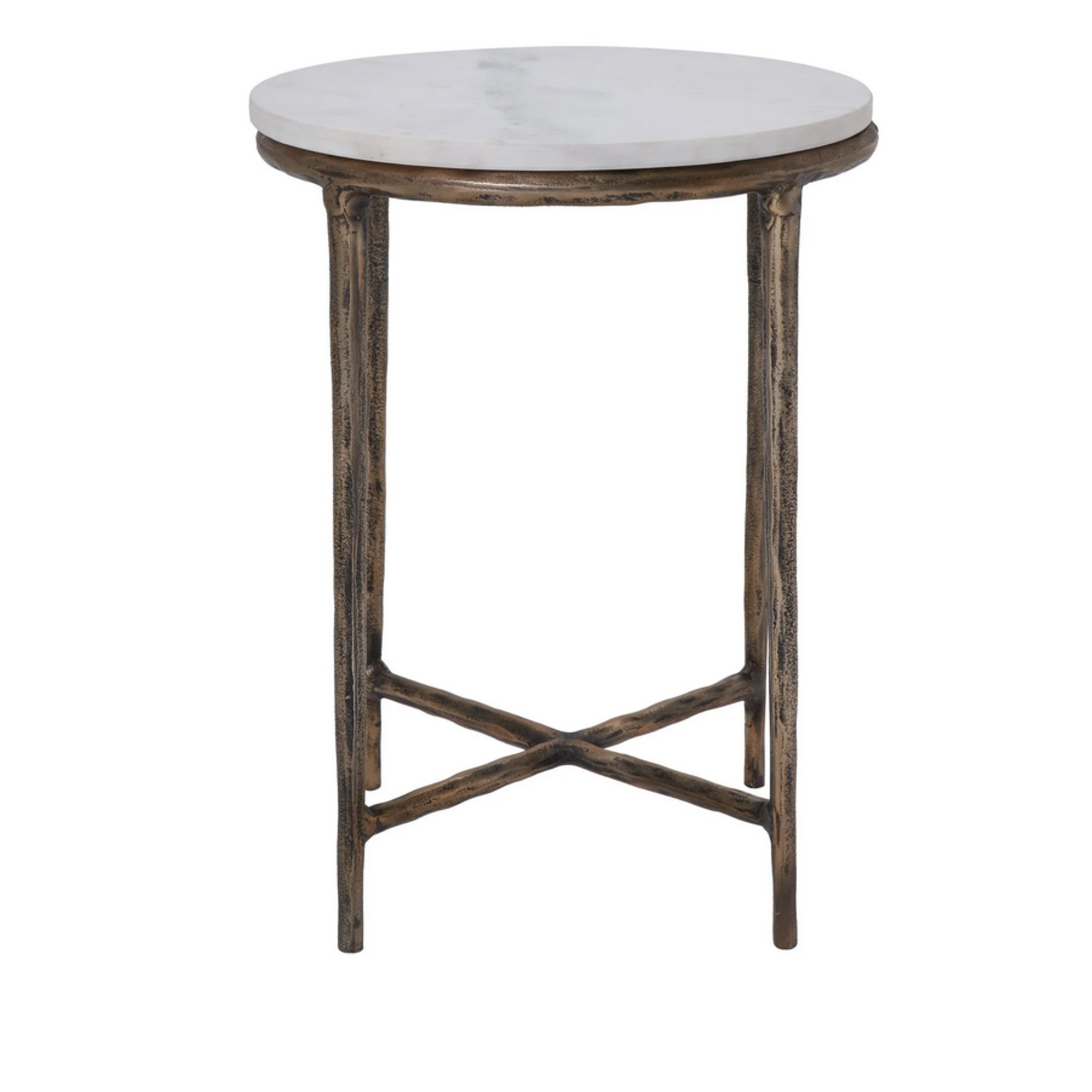 Pearson Side Table - Dia-15" X 20"H - Cast aluminum Plated antique brass finish Marble top