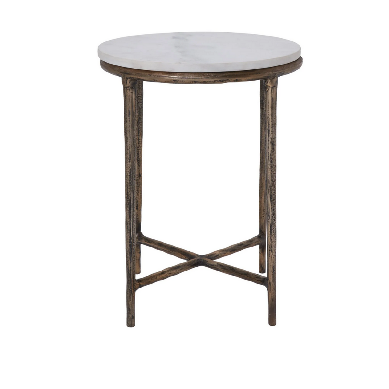 Pearson Side Table - Dia-15" X 20"H - Cast aluminum Plated antique brass finish Marble top