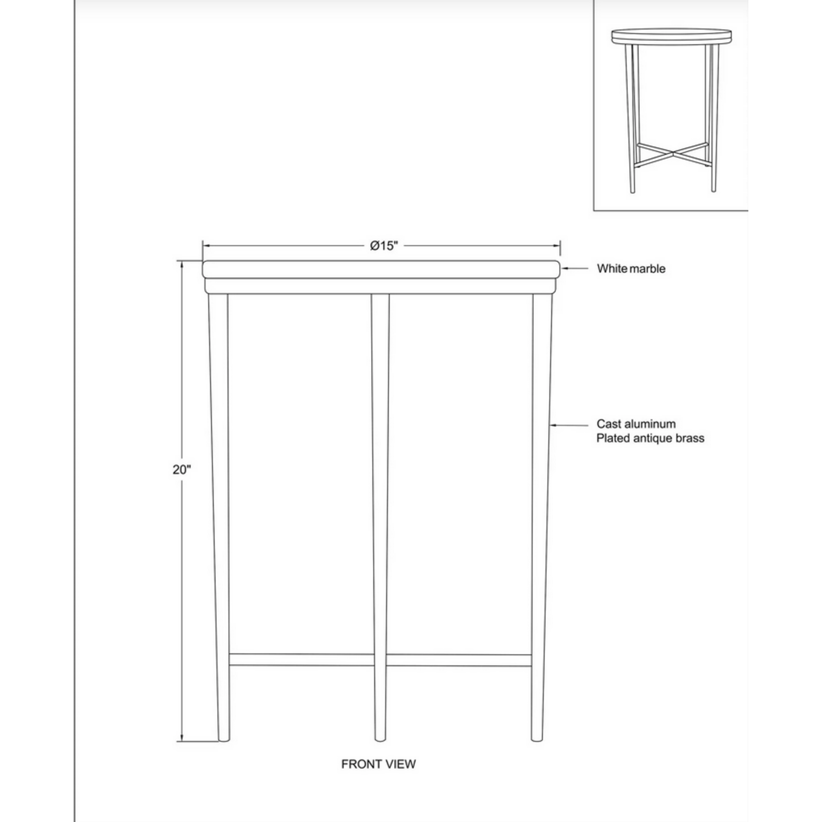 Pearson Side Table - Dia-15" X 20"H - Cast aluminum Plated antique brass finish Marble top