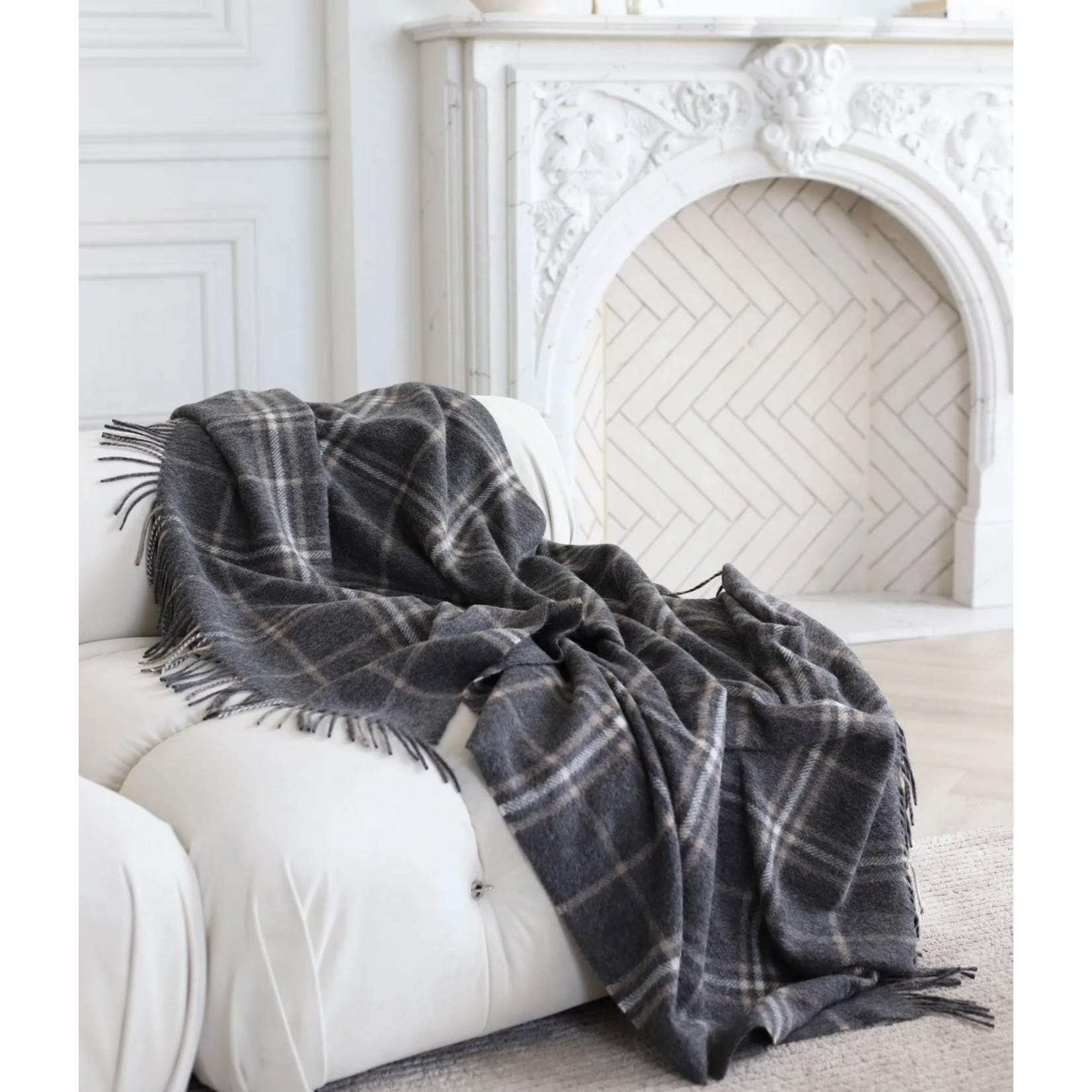 Linen Way Lockerbie Alpaca/Lambswool Throw in Charcoal, Taupe & Ivory Plaid  55" x 78"
