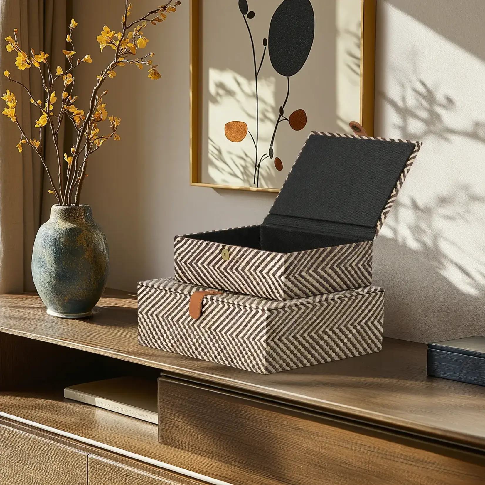 Pandan Chevron Design Two Piece Leather Closure Storage Box Set