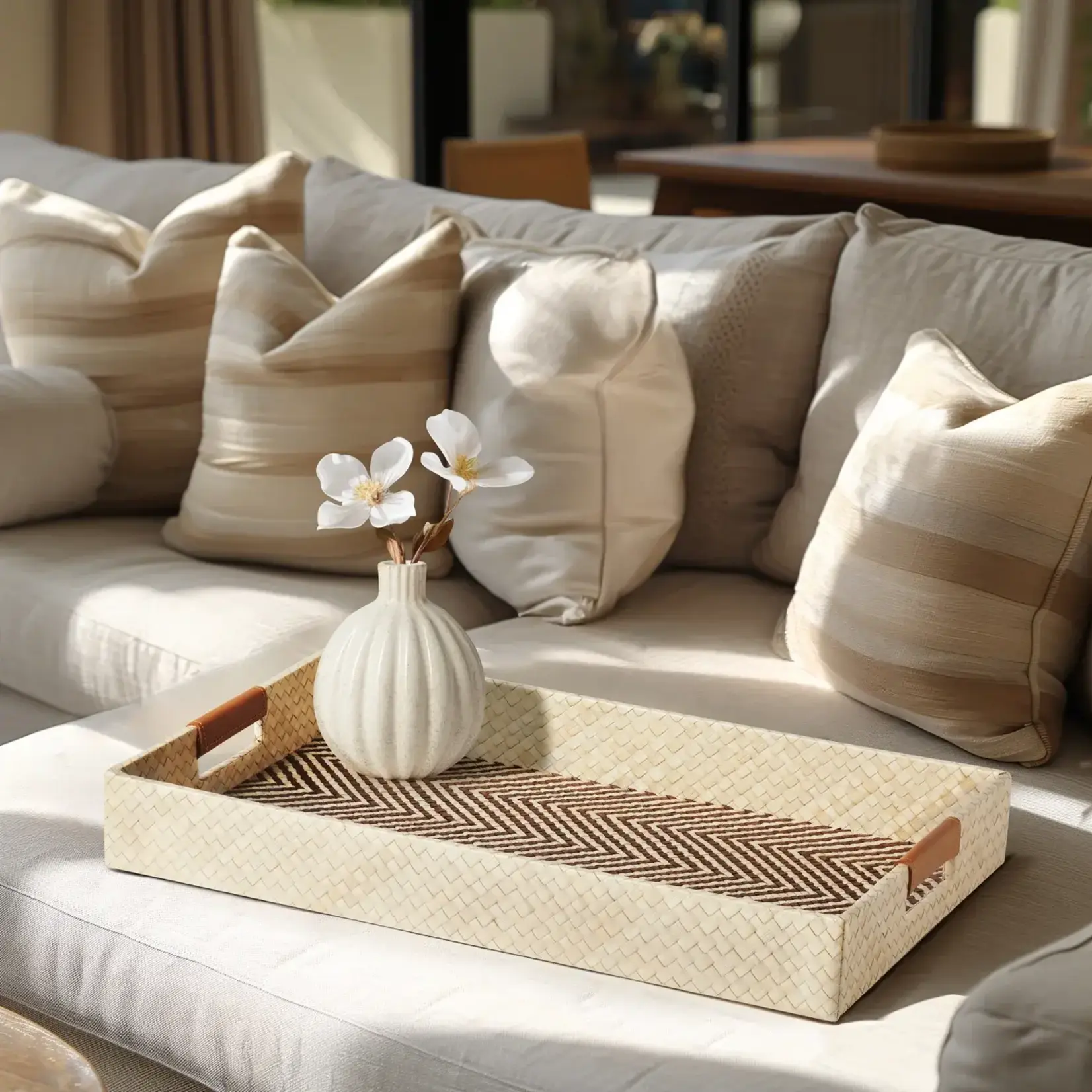 Pandan Chevron Design Faux Leather Handle 12x20 Inch Rectangle Tray