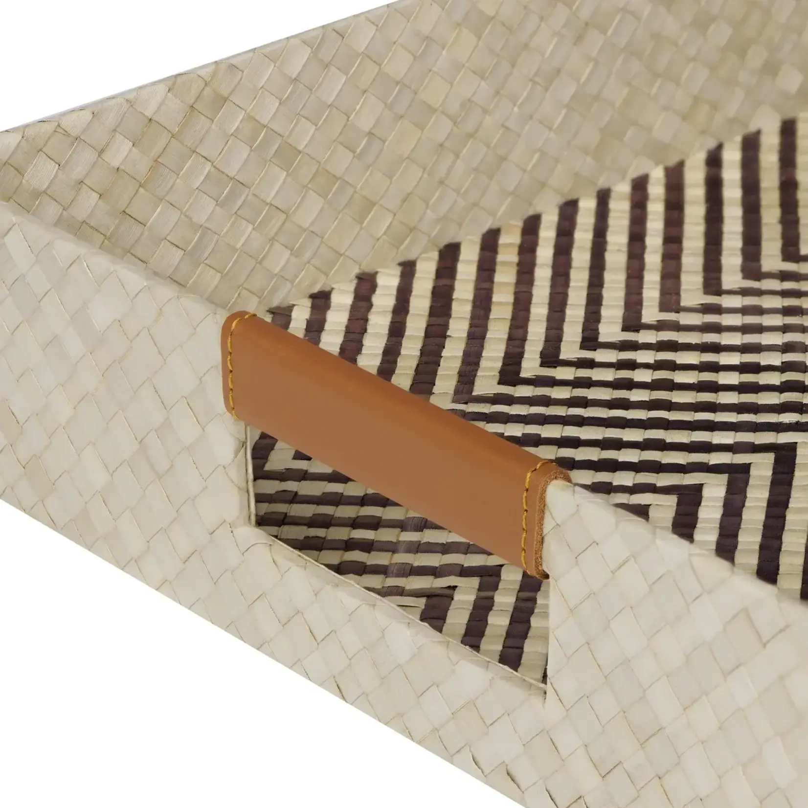 Pandan Chevron Design Faux Leather Handle 12x20 Inch Rectangle Tray
