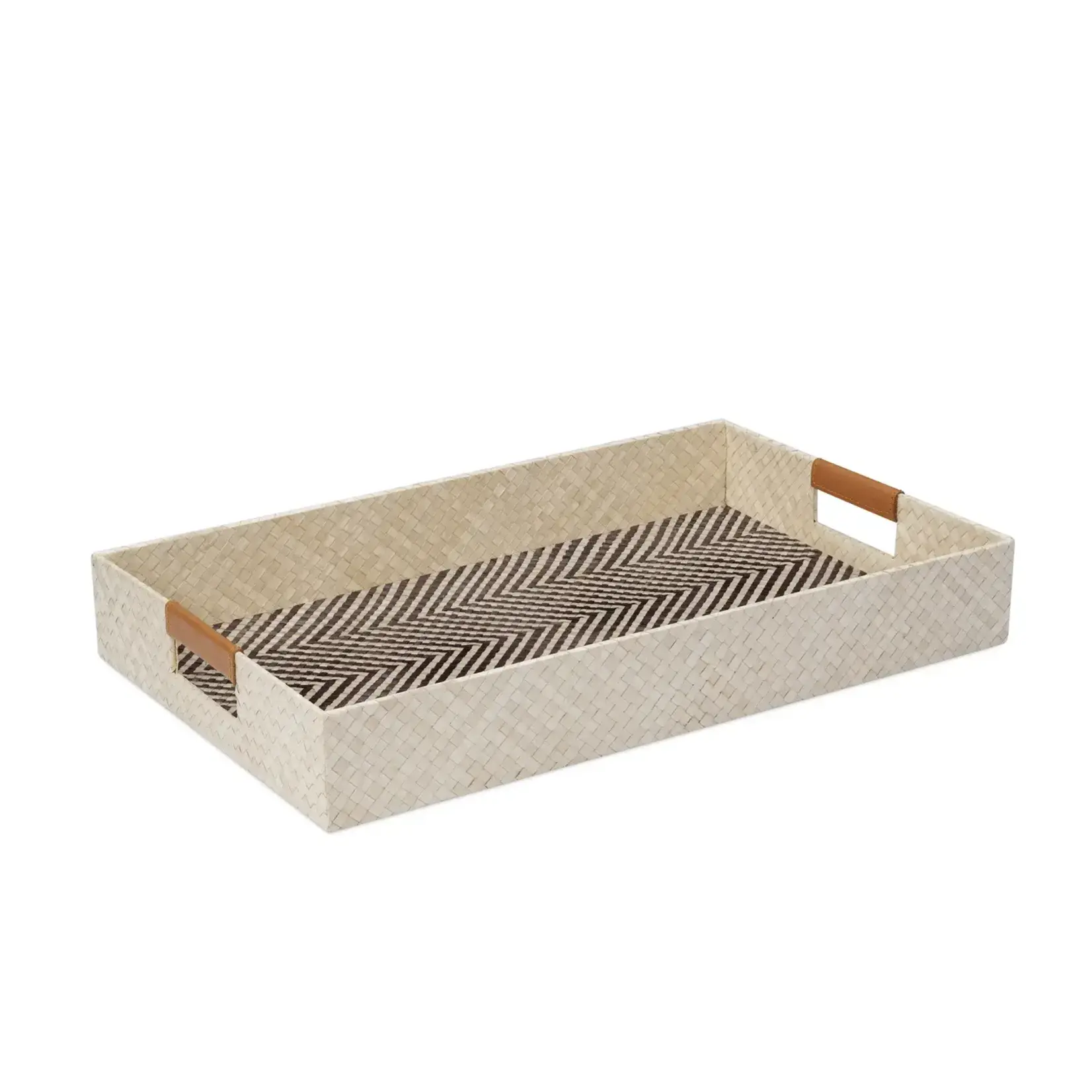 Pandan Chevron Design Faux Leather Handle 12x20 Inch Rectangle Tray