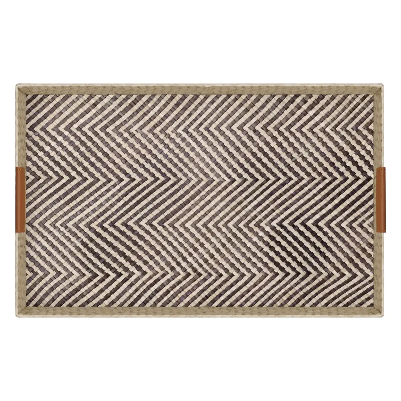 Pandan Chevron Design Faux Leather Handle 12x20 Inch Rectangle Tray
