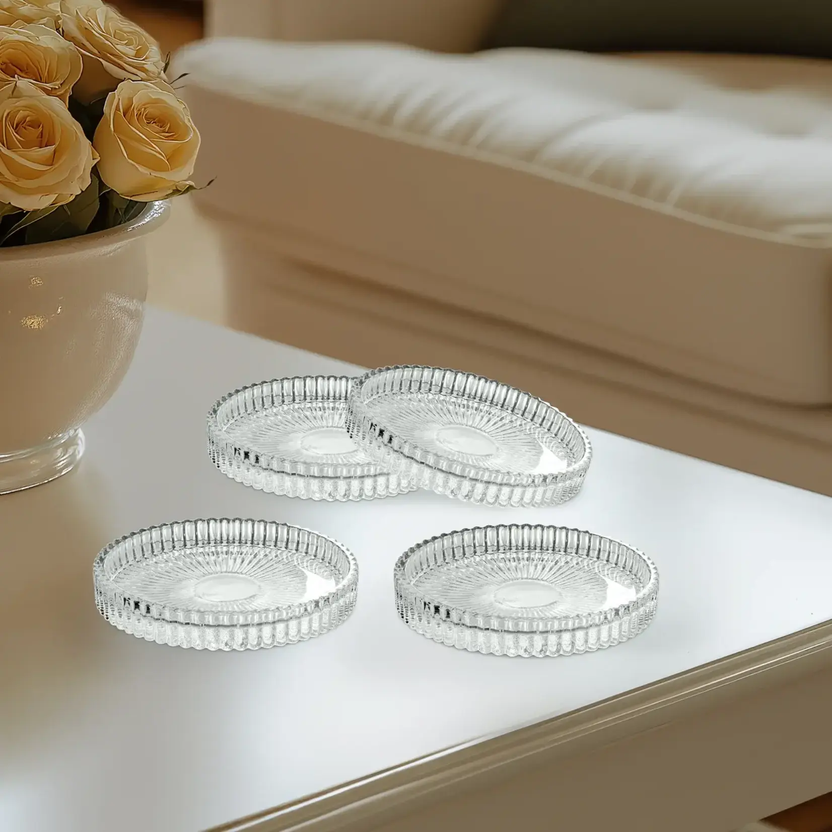 Anya Faceted Glass Four Piece 3.75 Inch Diameter Candle Plates / Coasters Set