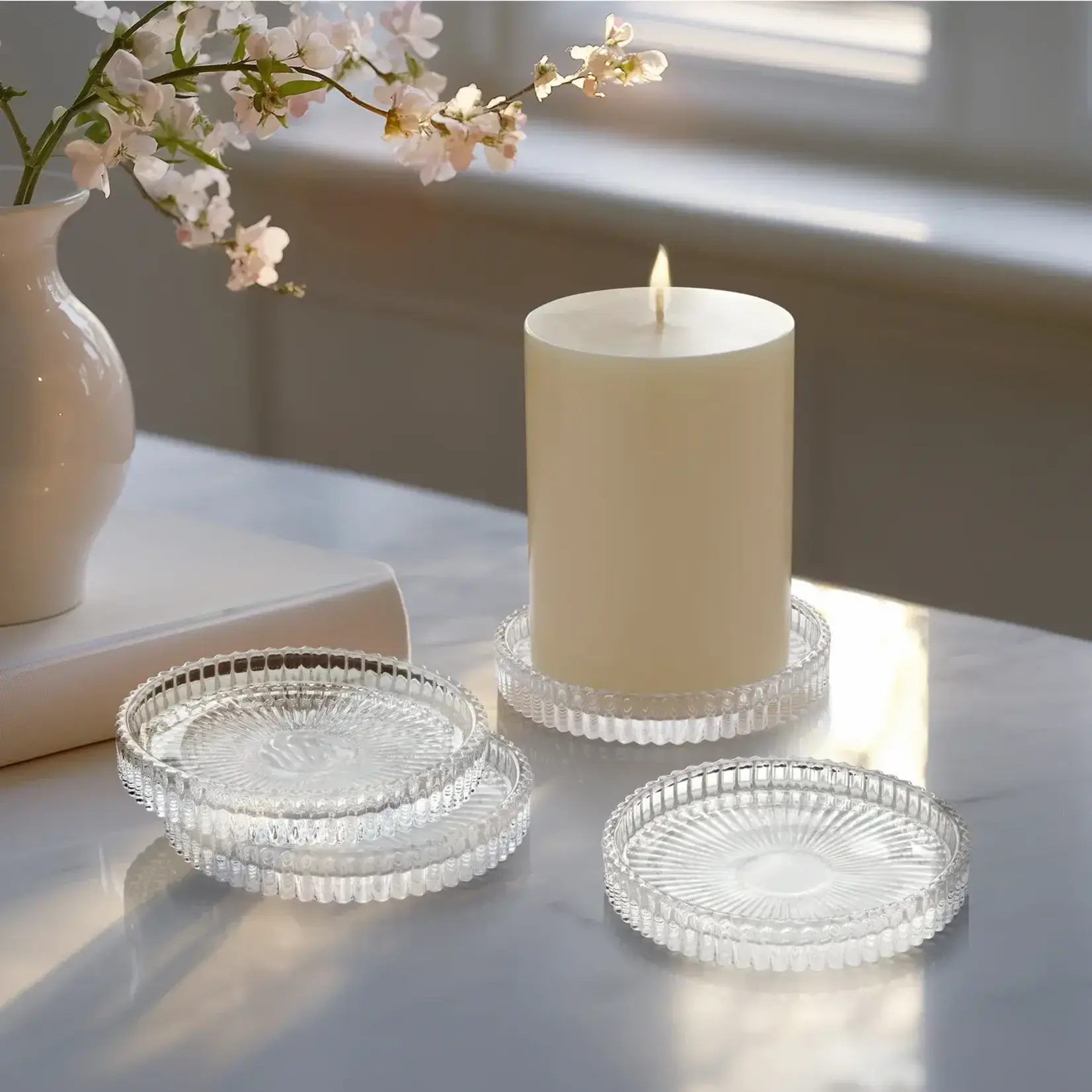Anya Faceted Glass Four Piece 3.75 Inch Diameter Candle Plates / Coasters Set