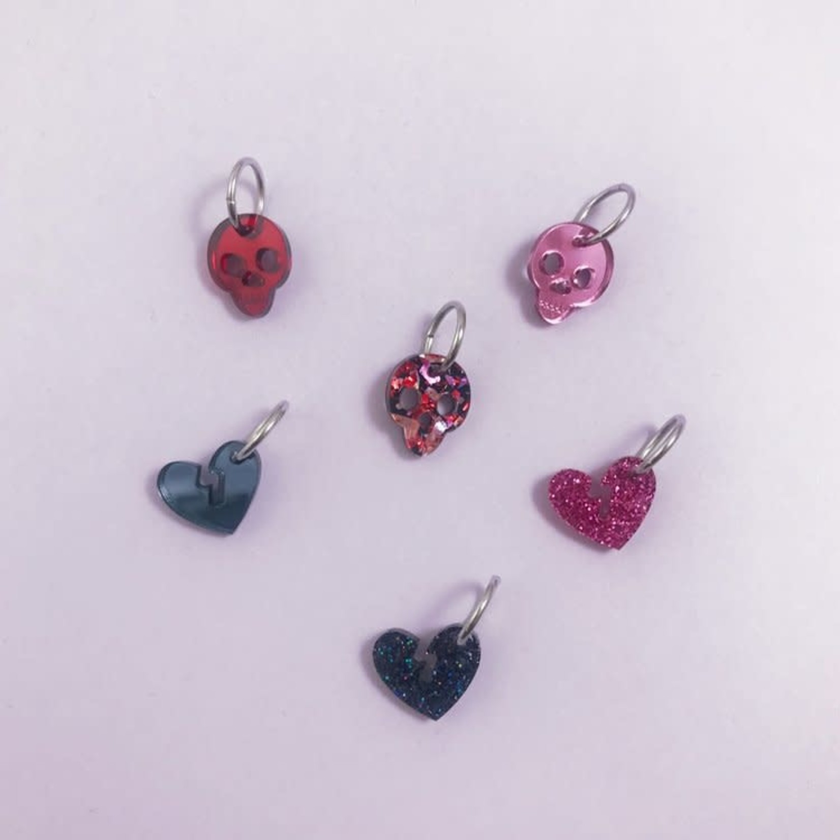 Katrinkles Valentine's Skulls and Broken Hearts - Acrylic Stitch Markers - Set of 6 by Katrinkles