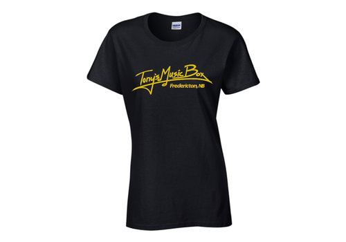 Tony's Music Box T-Shirts Fredericton Womens - L - Black w. Yellow Logo 