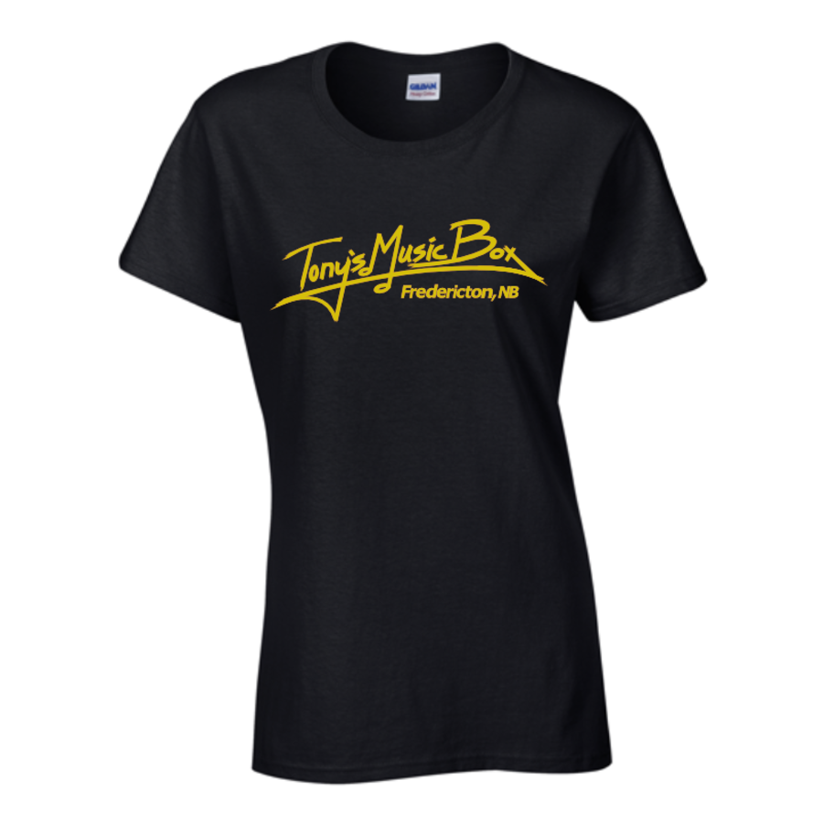 Tony's Music Box T-Shirts Fredericton Womens - L - Black w. Yellow Logo